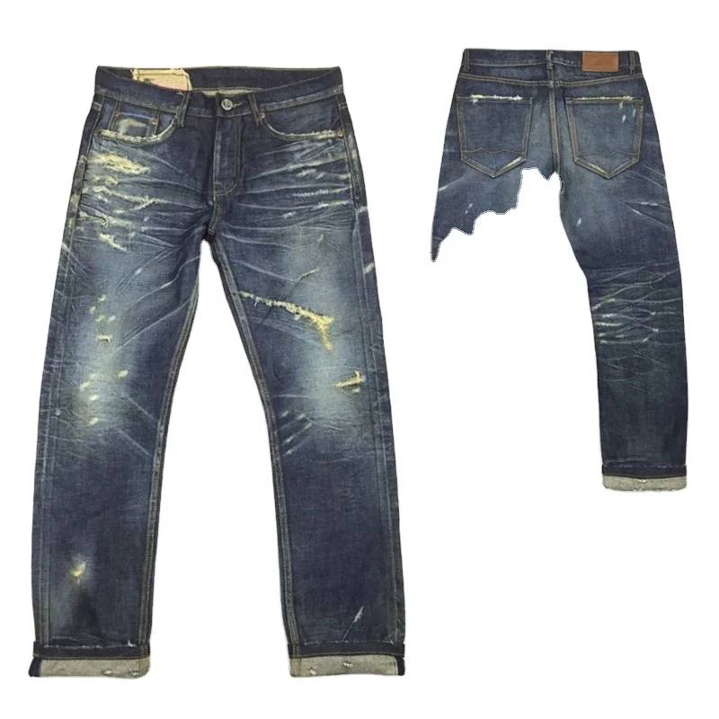 OEM new style bulk wholesale Custom High quality vintage wash distressed Japanese selvedge jeans denim 009