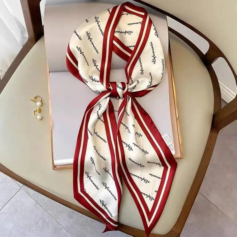 Live broadcast hot style 2021 autumn new silk bevel silk scarf female printing streamer positioning small scarf head rope tied
