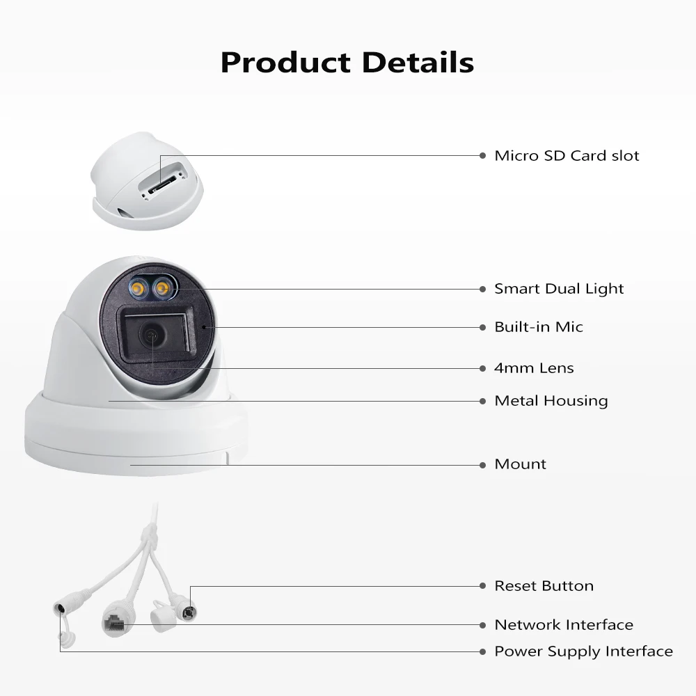 IP 5MP 8MP Colorvu Full Color Night Vision Human Detection POE Turret Camera 24h Warm Light IP Mini Camera
