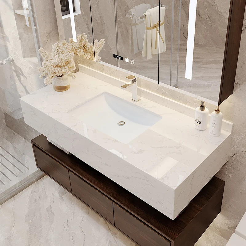 Light Luxury Solid Wood and MDF bathroom vanity Simple Modern Design with Integrated Marble Wash Basin Rock Board Bath Mirror