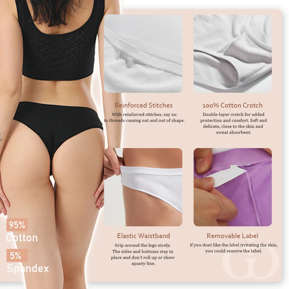 Custom Logo Low Rise Pure Cotton Solid Color Lightweight T Back Bikini Brazilian Thong Panties Women Underwear