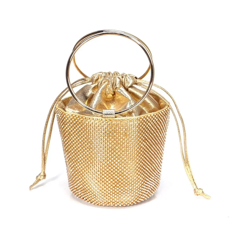 2021 fashion drawstring bucket diamond women mini evening hand bag ladies luxury clutch bags with round handle
