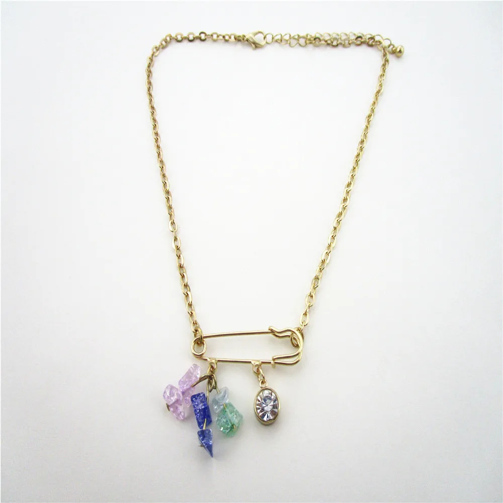 necklaces of safety pin with charms of semi-precious stone jewelry
