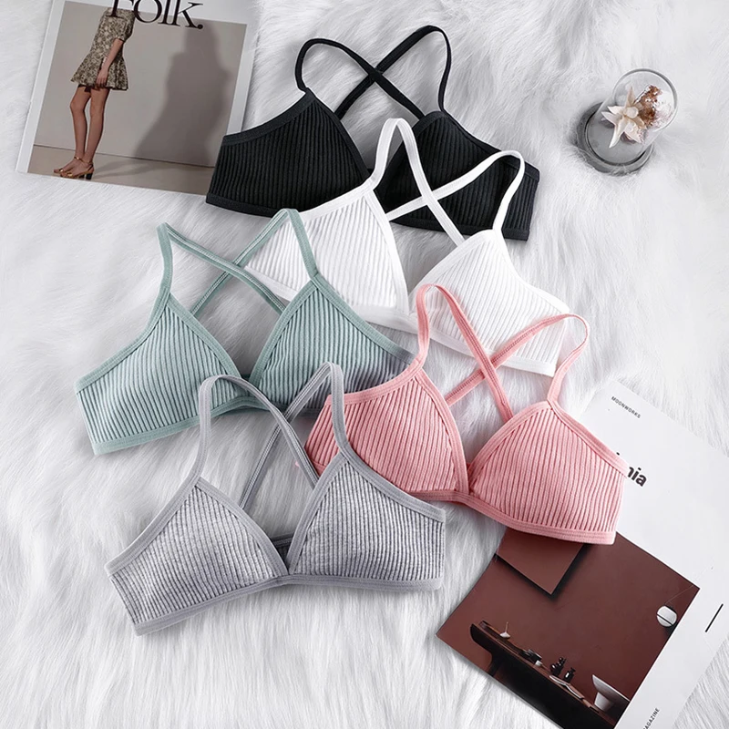 FINETOO Comfort Cotton Bras For Women Thin Sport Style Unlined Bralette Sexy Deep V Triangle Cup Cross Beauty Back Bra