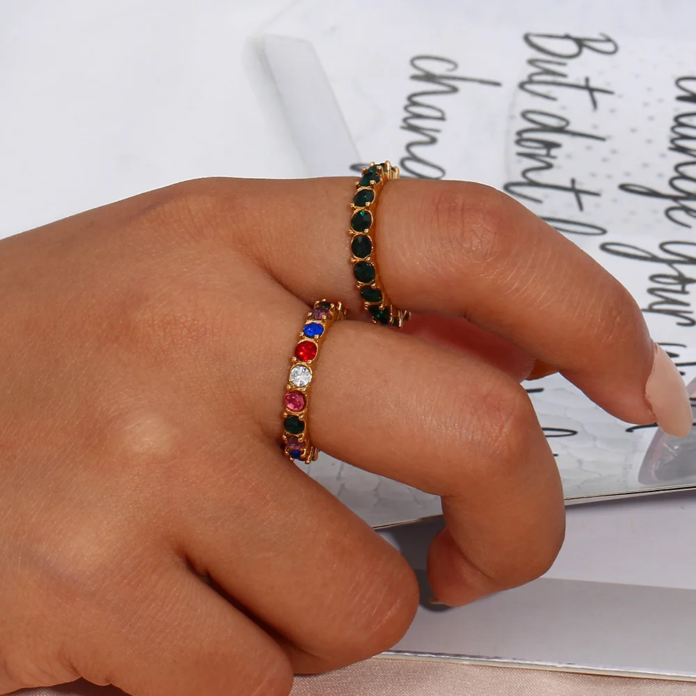 Ring Jewelry Women's Stainless Steel Plated 18K Micropaved Zirconia Colorful Thin Ring