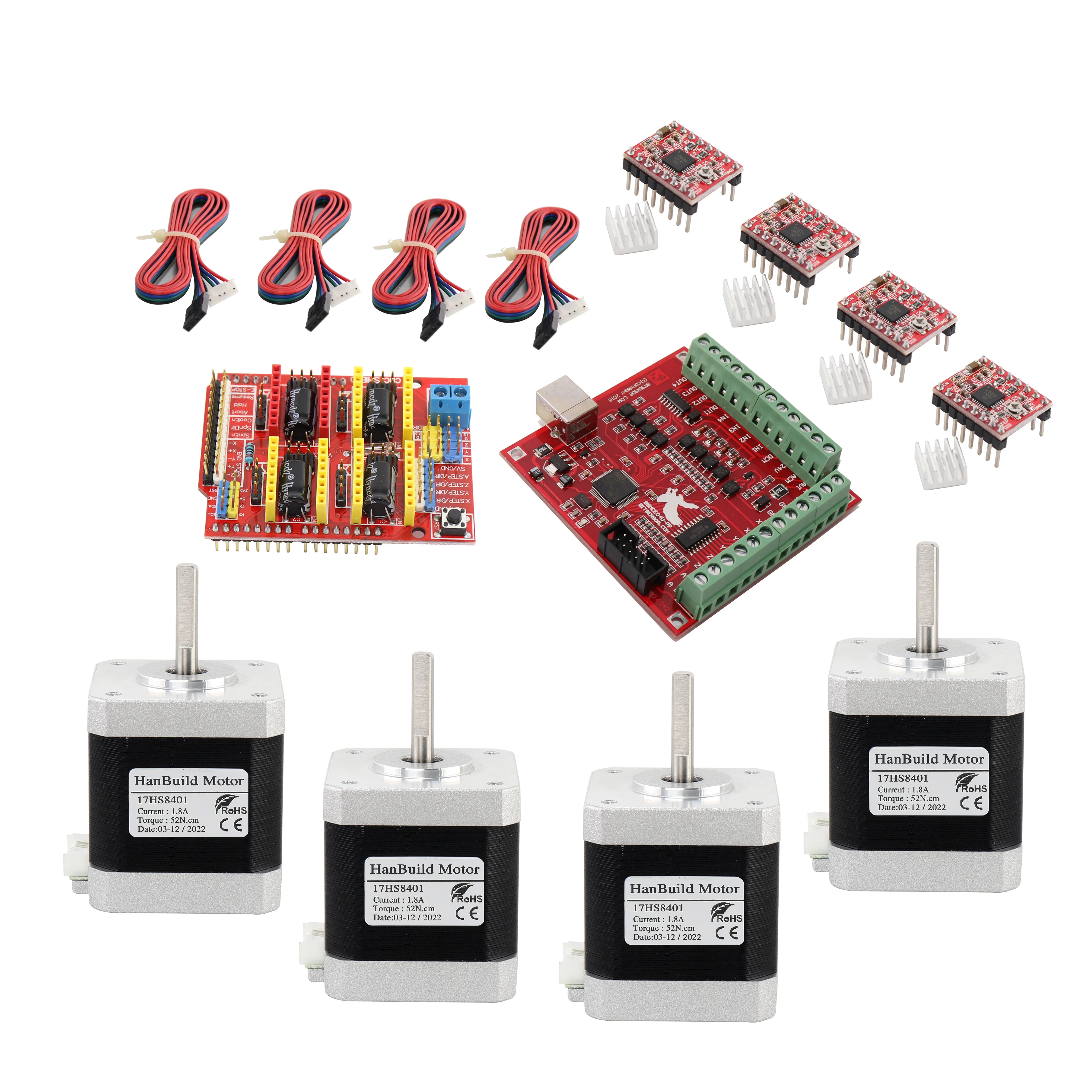 HanBuild stepper drive motor 4-axis Kit 1.8A 52N.CM  17HS8401 USB power controller MACH3 + A4988 driver nema17 stepper motor
