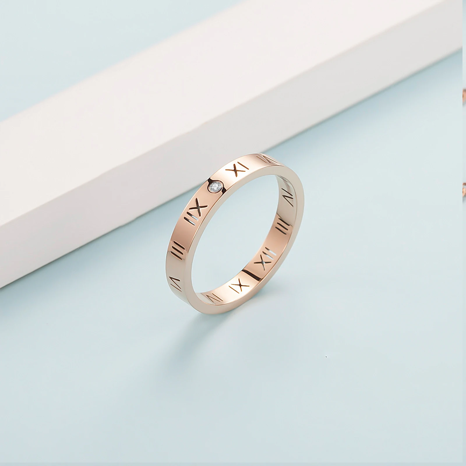 Wholesale Rose Gold Roman Numerals Band Engagement Wedding Stainless Steel Real Diamond Ring