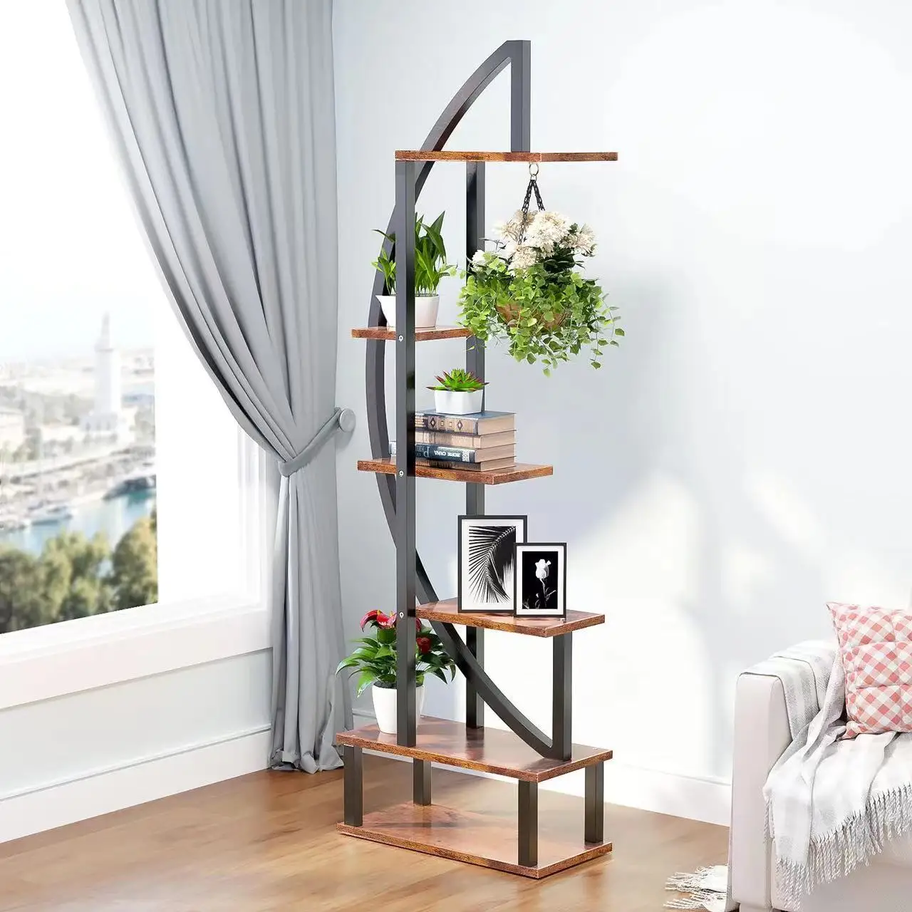Round flower shelf living room modern floor-standing indoor balcony multi-layer craft storage rack half-moon flower pot rack