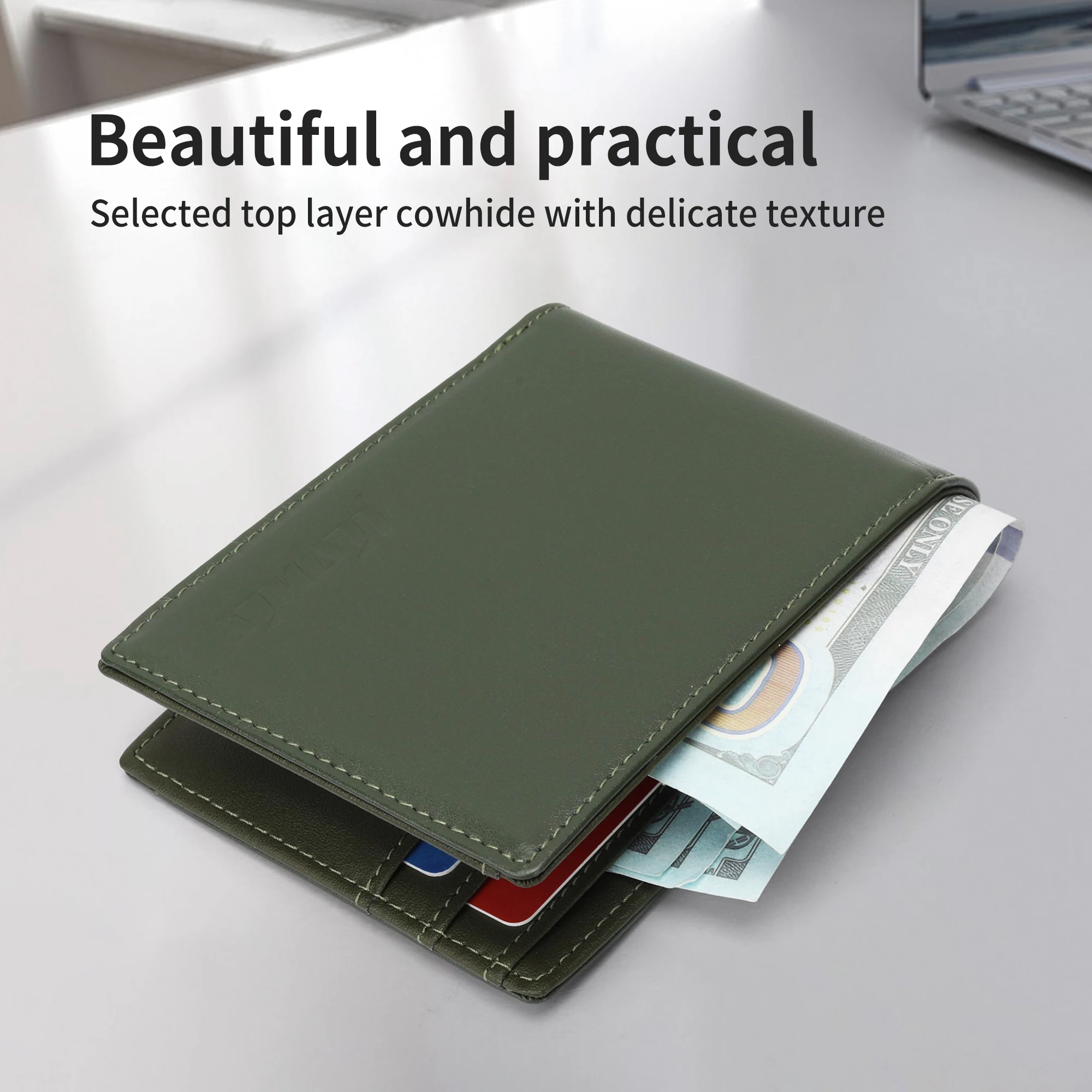 Minimalist Genuine Leather Credit Card Holder Wallet With Transparent ID Window RFID Blocking Slim Bifold Wallet For Man