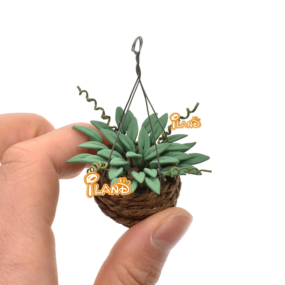iland 1/12 Doll House Miniature Flower Hanging Basket Mini Clay Green Plant For Dollhouse Accessories Mini Scene Decor