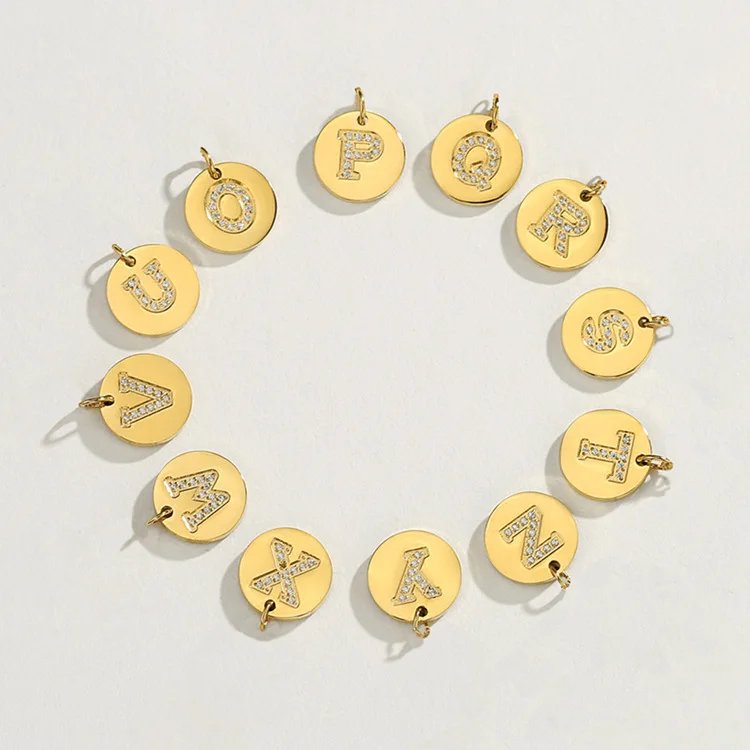 Initial A To Z Letters Charms Stainless Steel Alphabet Coin Pendant Gold Plating Zircon DIY Jewelry Making Factory Accessories