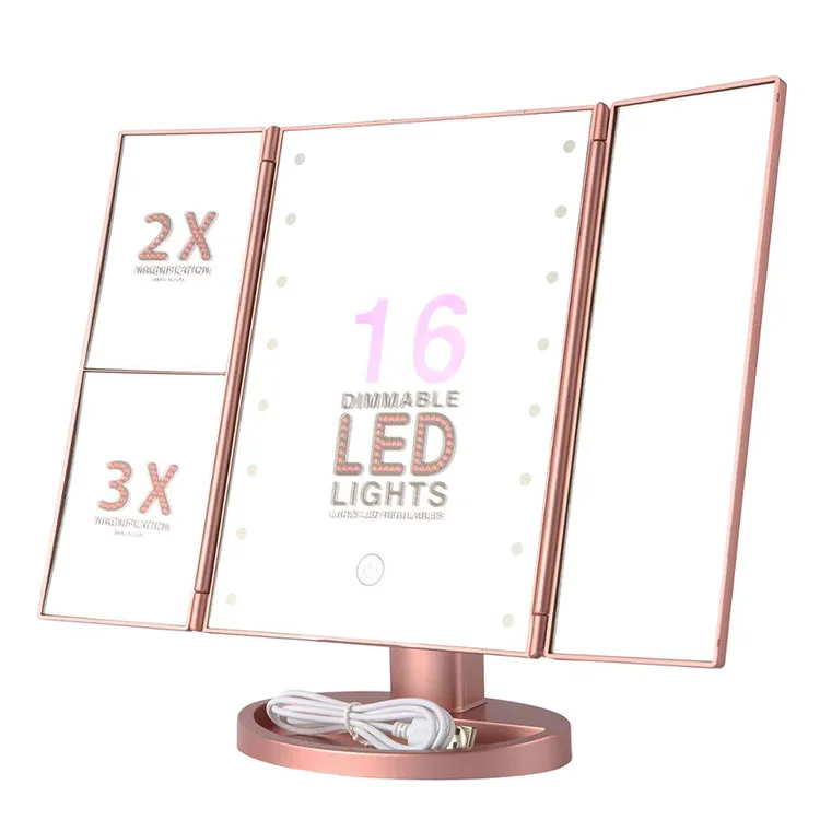 Customizable high quality stand up folding plastic vanity led light makeup mirror with led