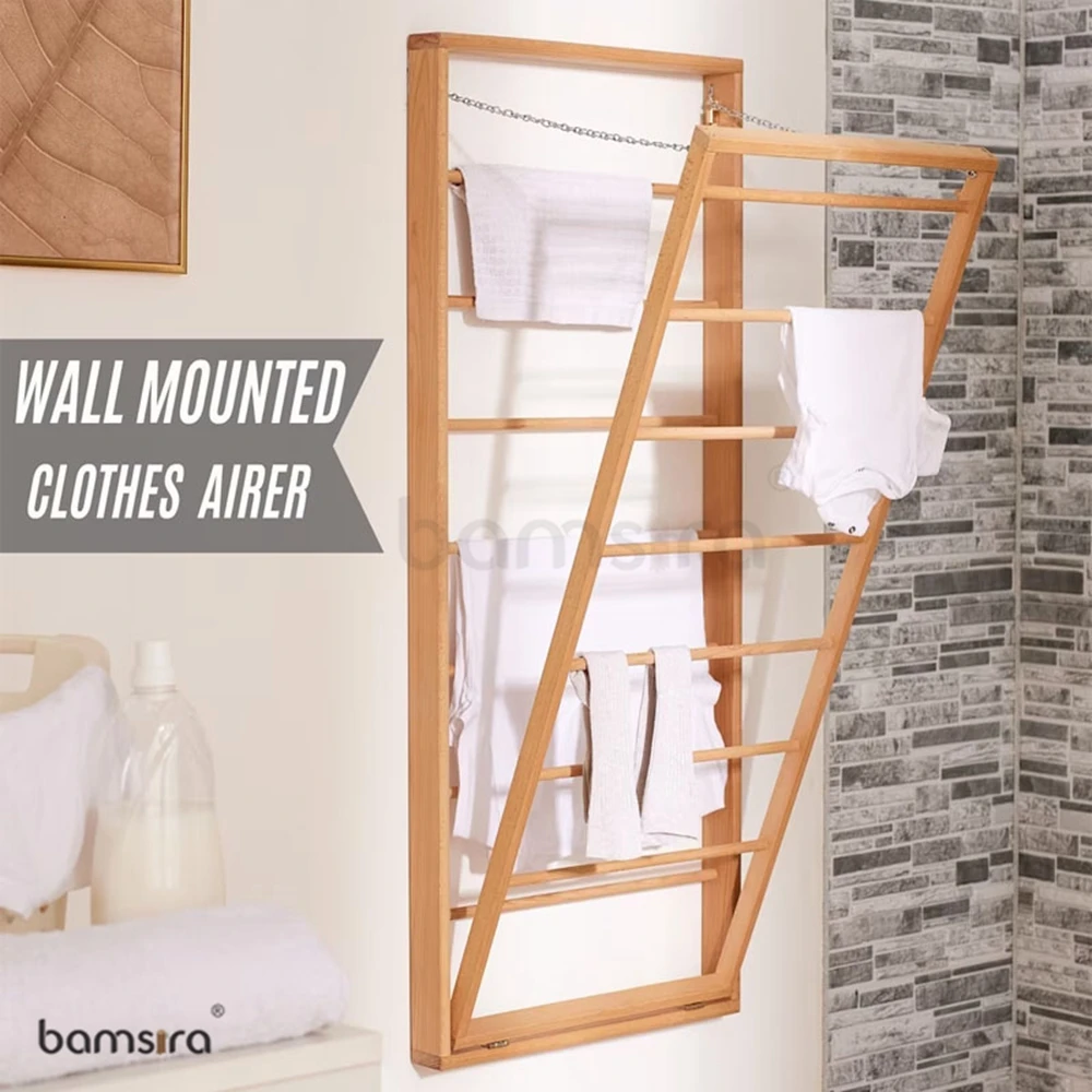 Folding Wooden Wall Mounted Portable Clothes Dryer Airer With Double Side Bars for Cloth , Wall Dryer