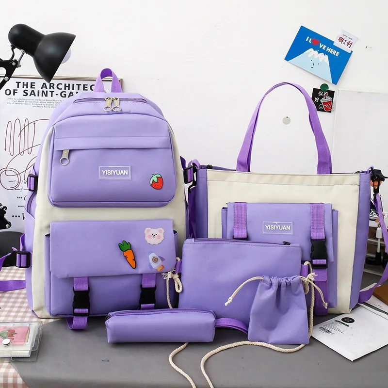 MA051 Wholesale Custom Logo Oxford Large Capacity Backpack 5 Pieces Set School Bag Rucksack Fashion Students Backpack For Girls