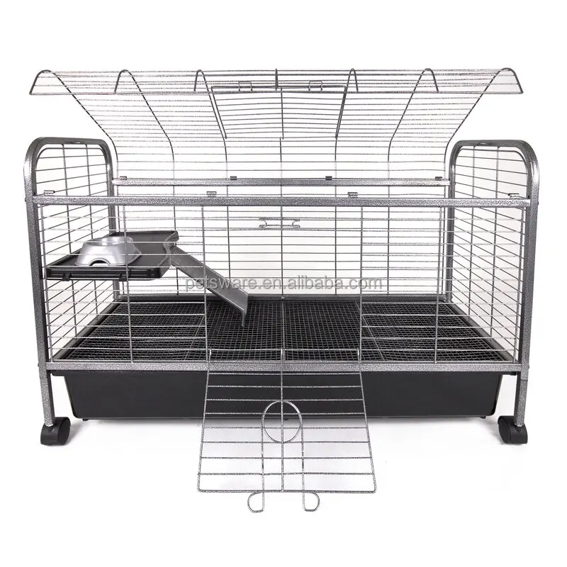 Luxury Small Animal Cage Guinea Pig &  Rabbit Cage with Feeder, Rolling Wheels, Platform, Ramp