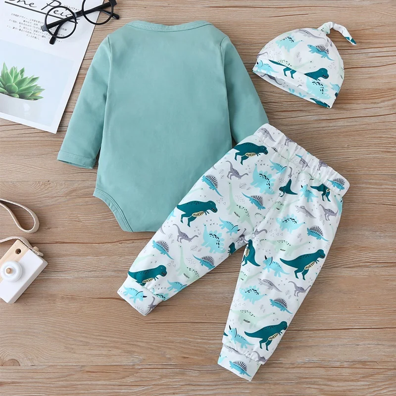 Spring Autumn Baby Clothes Sets Baby Boy Girl Clothes 3pcs Cotton Letter Long Sleeve Romper+cartoon Dinosaur Trousers+hat 3-18M