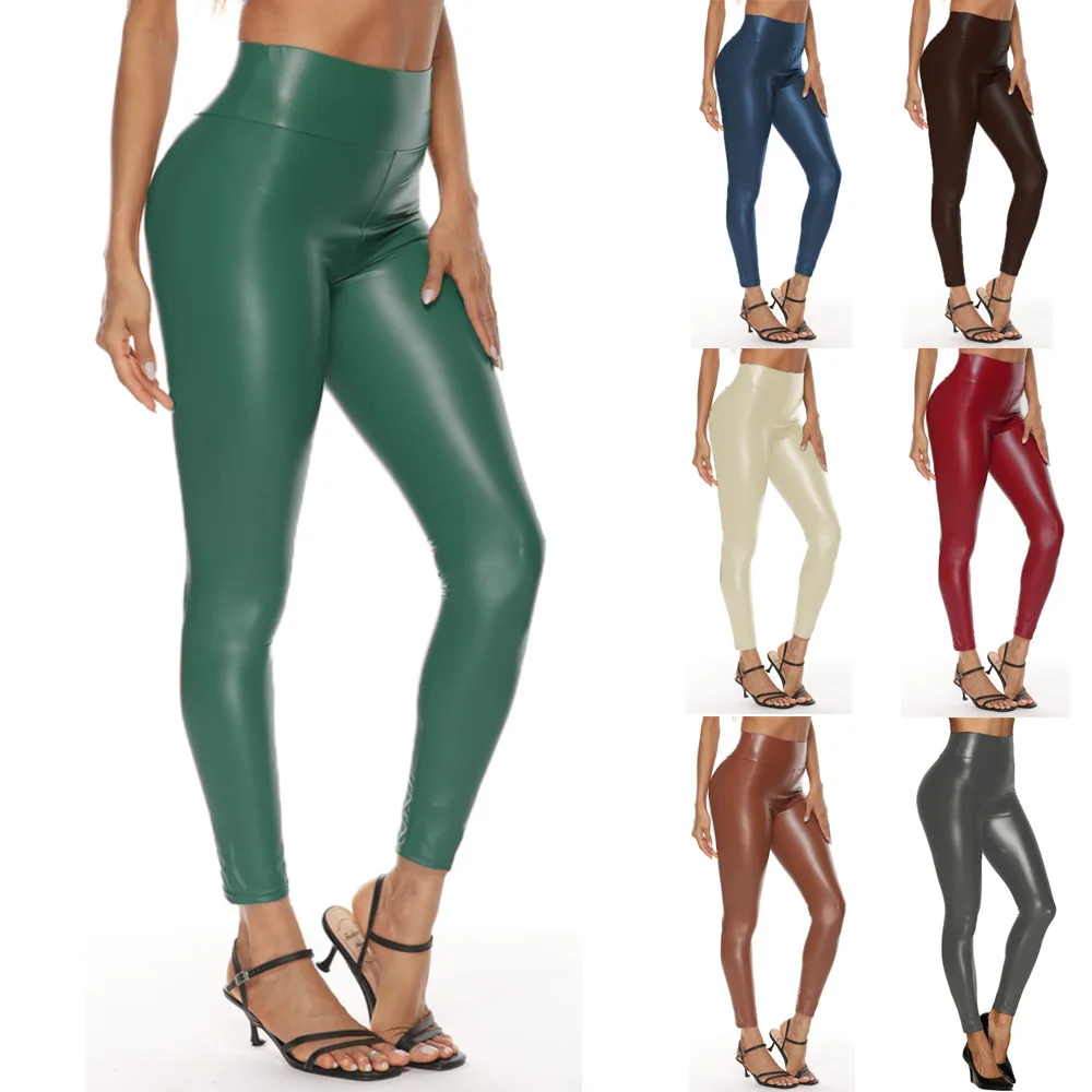5xl Plus Size High Waist Leather Pants Stretch Women Elastic Hip Lifting Leather Pants Bright Multicolor