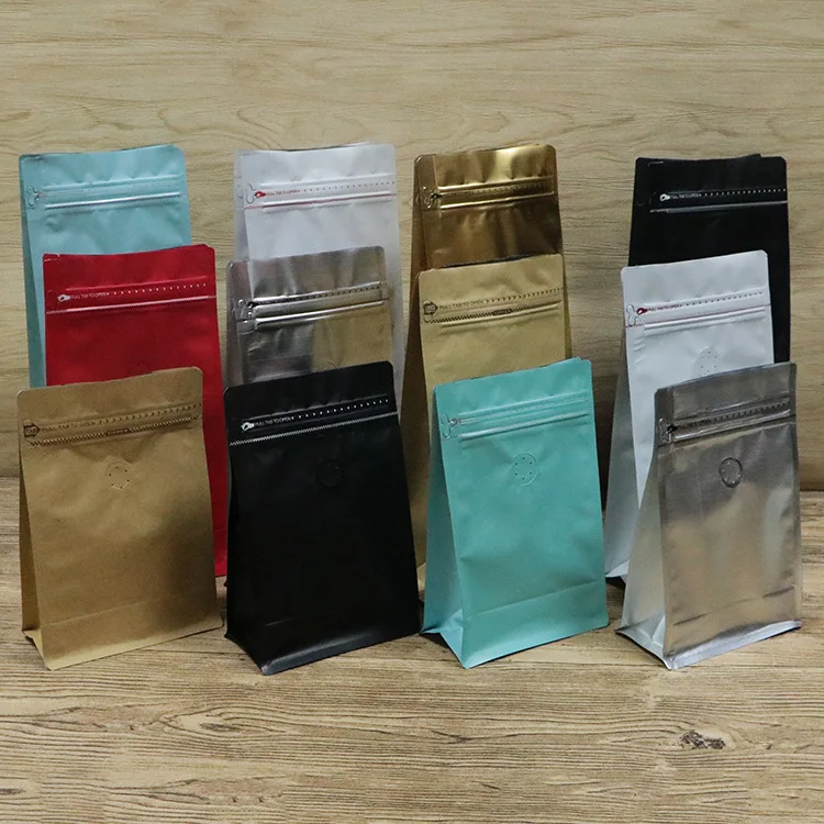 IMEE Universal Colorful Eight Side Seal Self-standing Coffee Bean Packing Bag One-way Exhaust Valve Aluminum Foil Coffee Bag
