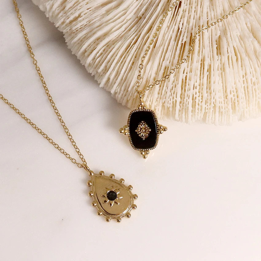 Vintage Dainty Necklace Cute Charm Pendant High Polished Stainless Steel Teardrop Shape Natural Stone Pendant Necklace for Daily