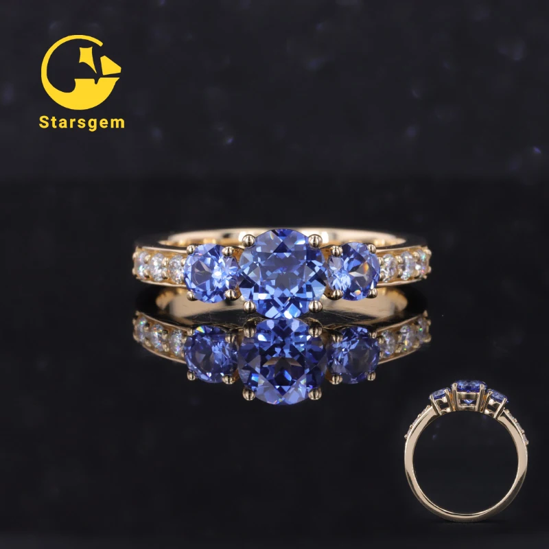 2024 Light blue sapphire round shape three lab grown sapphire 14 k gold engagement rings for wedding party propose.