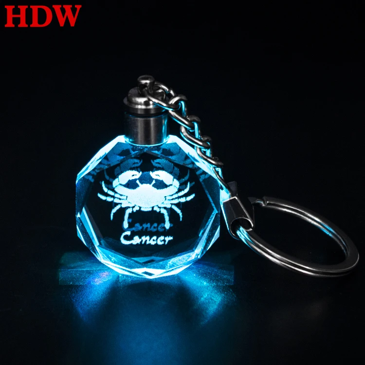 Cheap wholesale 12 zodiac Gemini crystal keychain led light healing crystal keychain for Souvenir Gift