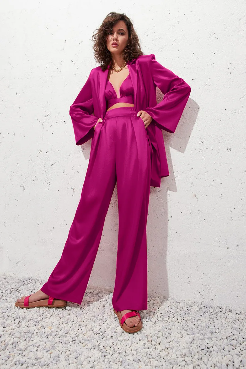 KTZ9939 2022 Fashion Chic Female 3 Piece Sets Women Satin Blazer Suit +Vest Top +Wide Leg Pants Set Y2k Sexy Three Piece Set