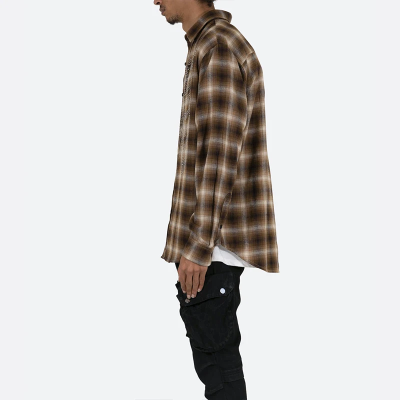 Mens Plaid Shirt Workwear OEM Service Oversized Winter Long Sleeve Pocket Rhinestones Streetwear Shirt Wholesale
