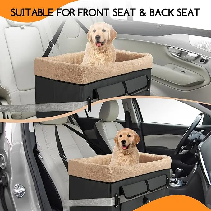 Dog Car Portable Booster Seat for Car with Storage Pockets Clip-On Safety Leash and Adjustable Straps Pet Travel Carrier Bed