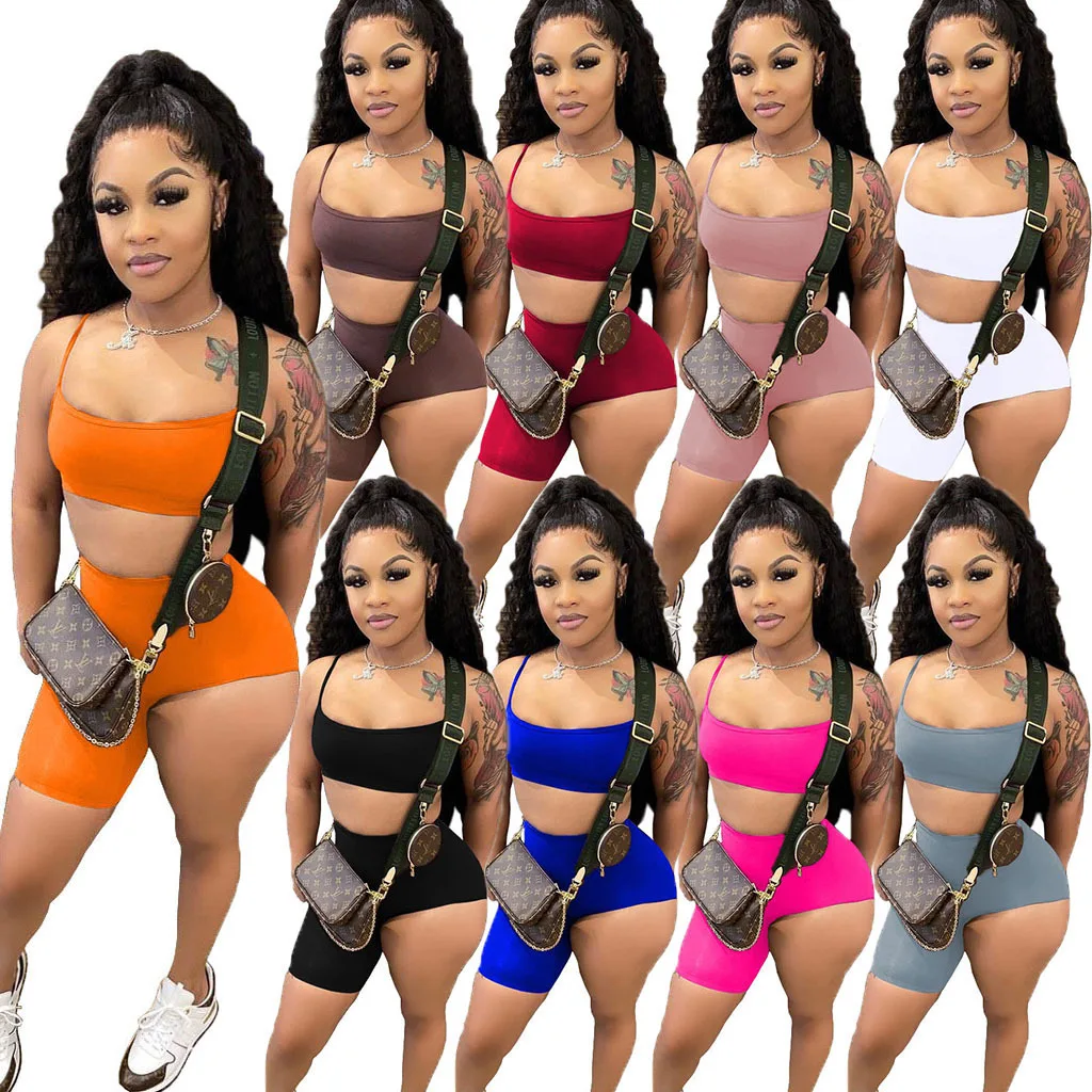 New Arrival Womens Summer Clothing 2022 Short Set Candy Color Tank Top 2 Piece Biker Shorts Set