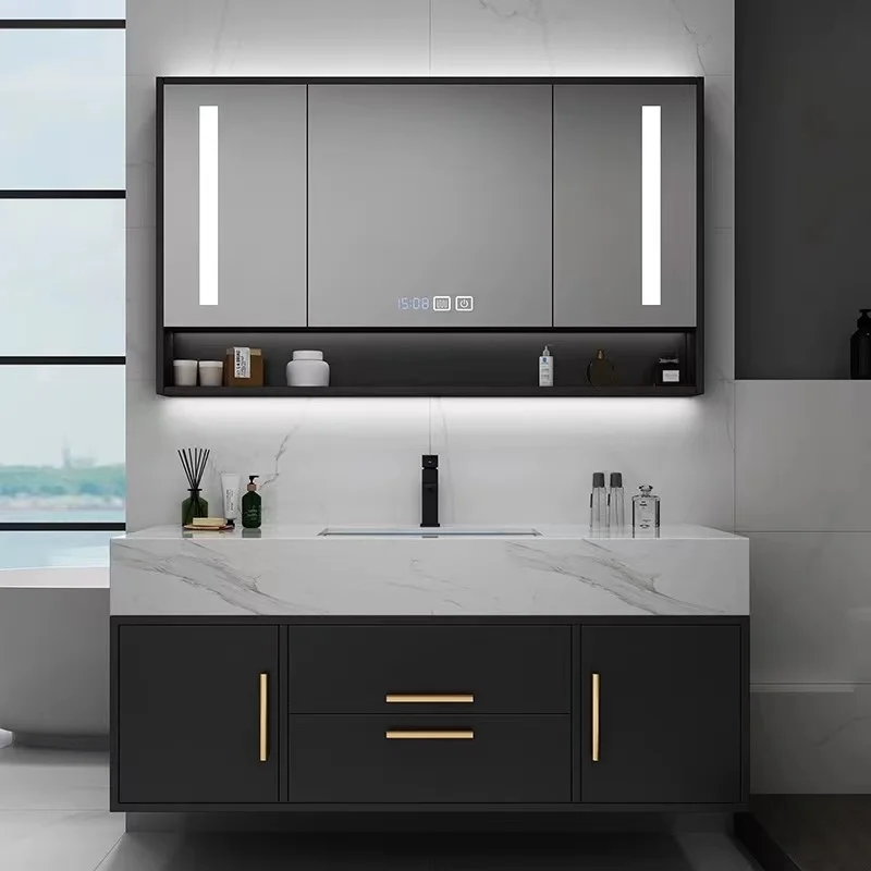 2024 New solid wood OEM rock panel countertop basin bathroom cabinet LED mirror storage cabinet ceramic basin