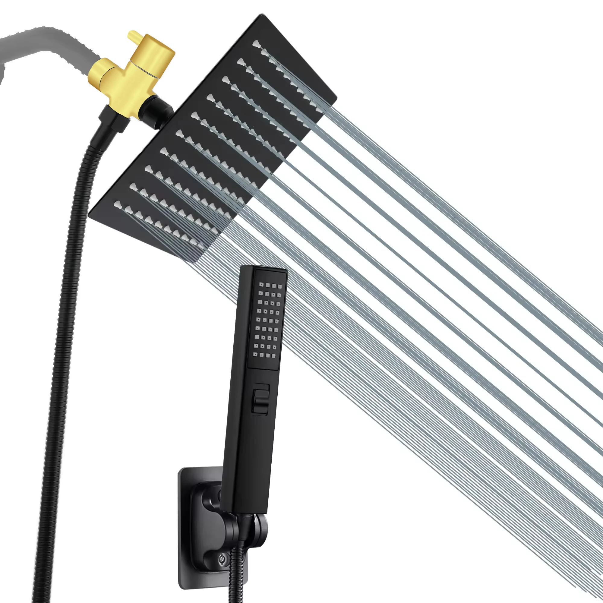 8 Inches Black High Pressure stainless steel Rain Shower Head and 3 Settings Handheld Shower Head With Water dlverter shower set