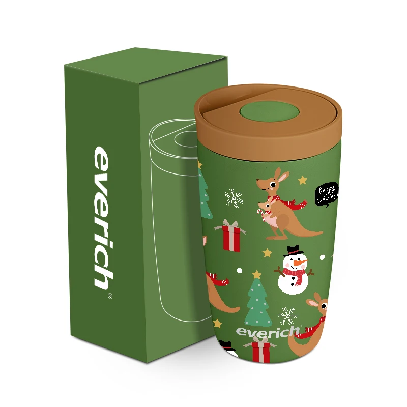 Christmas Style Portable Leak Proof Thermo Coffee Mug Vacuum Stainless Steel Button Lid Coffee Mug 12 Ounce