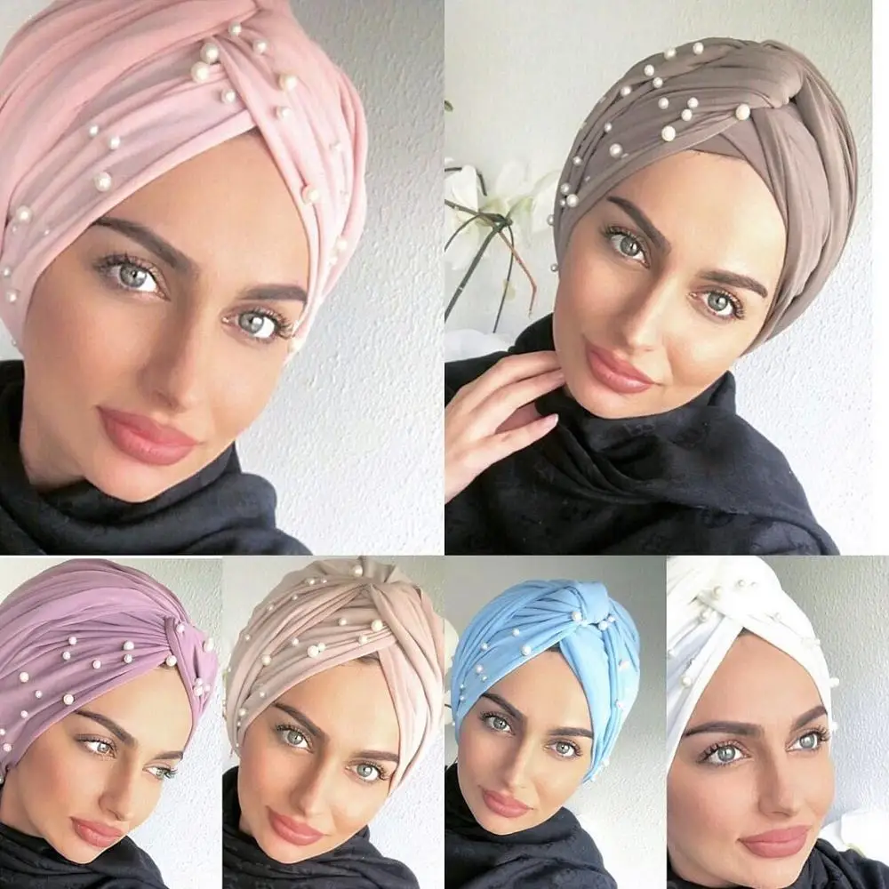 Wholesale popular suede turbans with pearls for arab women