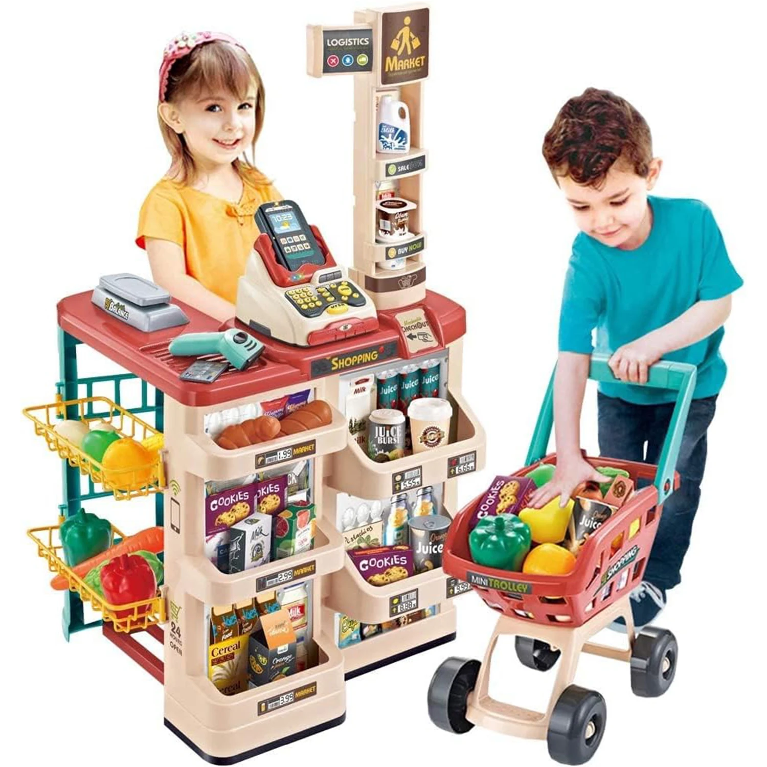 48PCS Supermarket Play Set Kids Grocery Store Pretend Play Role Market Stall Toy Shop with Shopping Cart Cash Register Toys