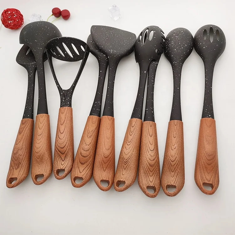 New high-quality nylon cookware kitchen utensils multi style 10 piece set of cookware accessories with wooden handle
