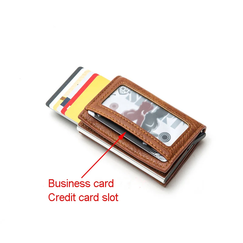 Hot Sale Travel Metal Business Bank Card Case Pop Up Rfid Blocking Pu Leather Card Holder With Window Id Pocket Wallet For Men