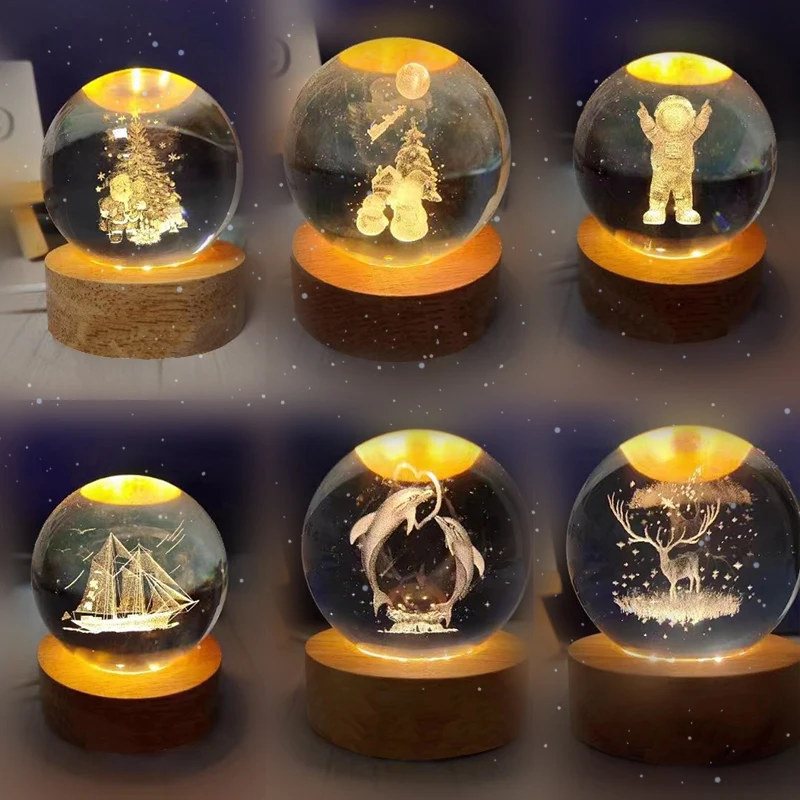 Base Night Lights Luminous Stars Planets Moons Different Patterns Crystal Ball Projection Atmosphere Wood Customized LED Battery