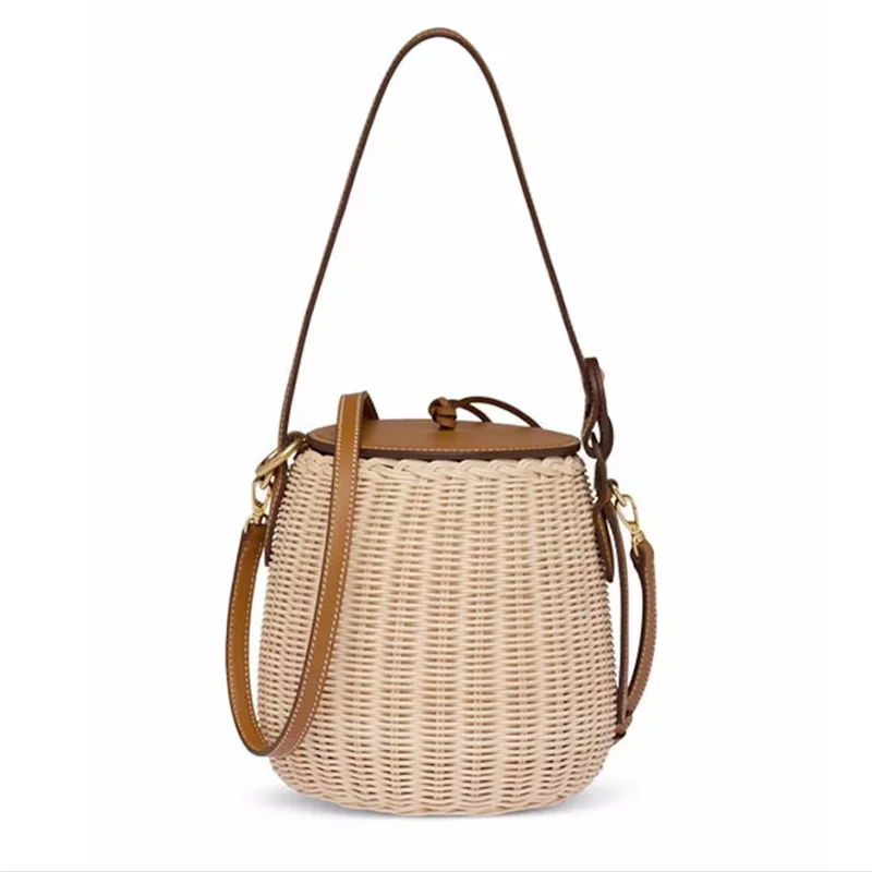 Huangtu Rattan bag Straw  Bucket bag Seaside Vacation Beach Suitcase Hand-Woven Handbag Unique  Straw Basket Summer bag