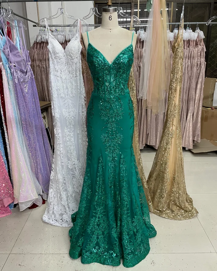 High Quality Mermaid Deep V Neck Corset unique sage green sequin Prom Evening Dresses for women 2025