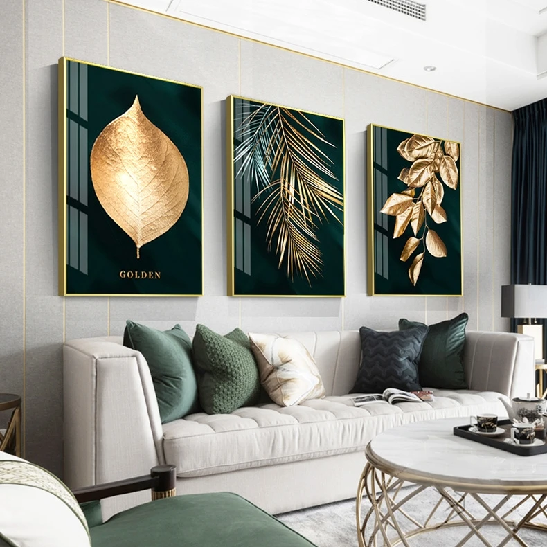 Gold leaf picture frame diamond modern crystal porcelain painting large modern wall art home decor luxury
