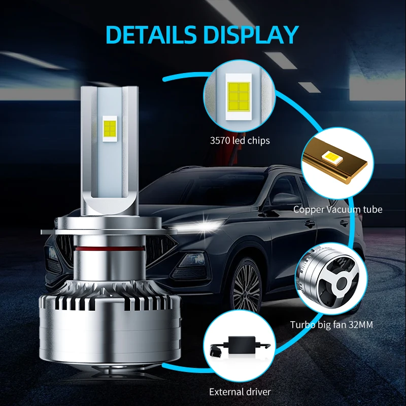 High Power Cars LED Headlight H11 H7 Waterproof Fans Cooling 9005 90006 Led Light Bulbs