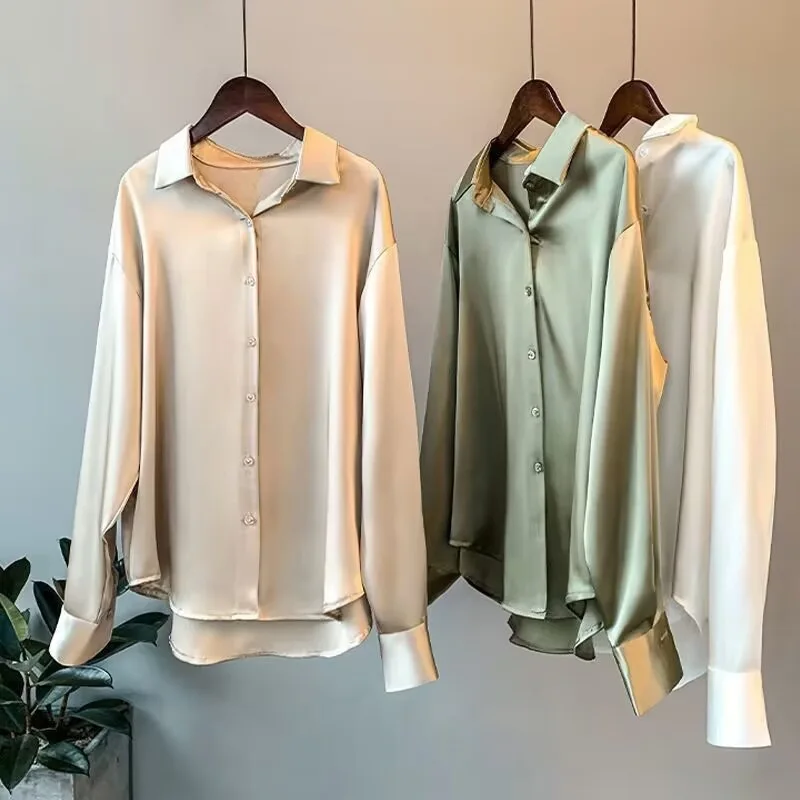 HOT SALE CHEAP Long-sleeved satin shirt for women, spring and summer sun protection, versatile drape shirt tops.