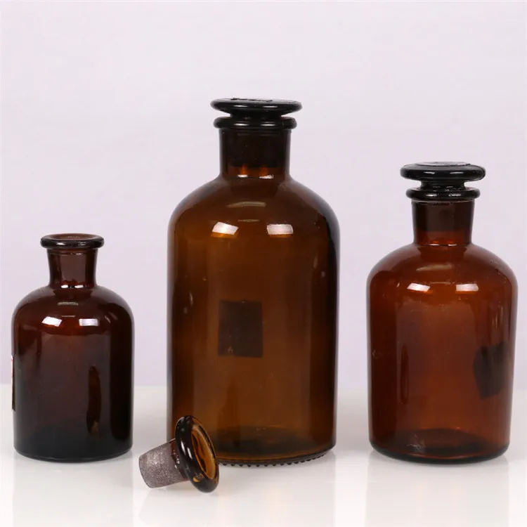 Wholesale 30ml 60ml 125ml 250ml 1000ml amber glass apothecary bottles with stoppers reagent bottle wide narrow mouth