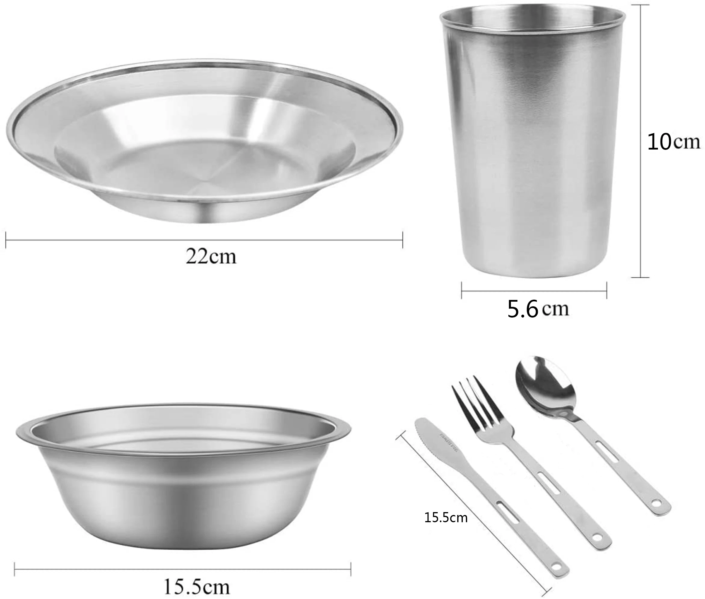 Stainless Steel Tableware Mess Kit Includes Plate Bowl Cup Spoon Fork Knife Chopsticks & Mesh Bag for Camping 4 Person