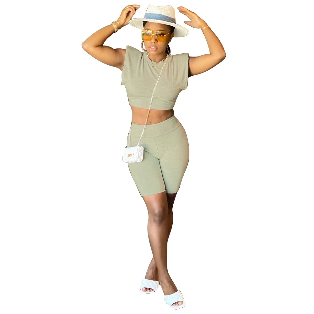 Лидер продаж, однотонный пикантный Повседневный Топ с наплечниками в европейском и американском стиле, шорты, Женский костюм из двух предметов