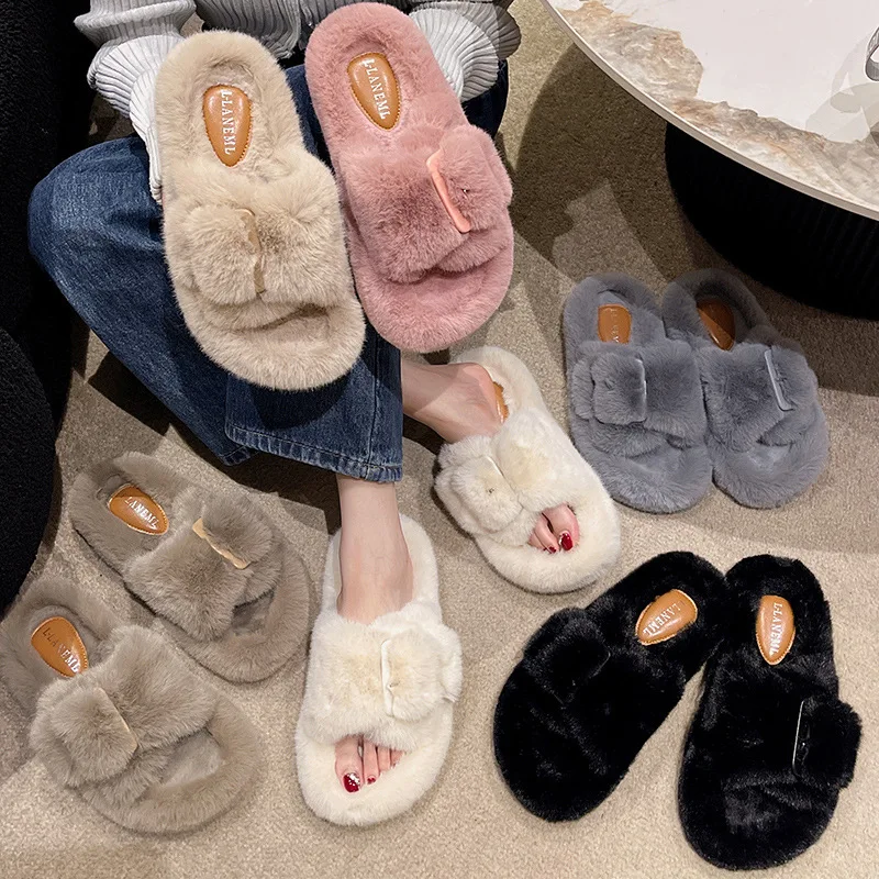 Wholesale Comfortable Winter Warm Slides Shoes Premium Sheepskin Home Ladies Fashion Fluffy Faux Fur Slippers For Women