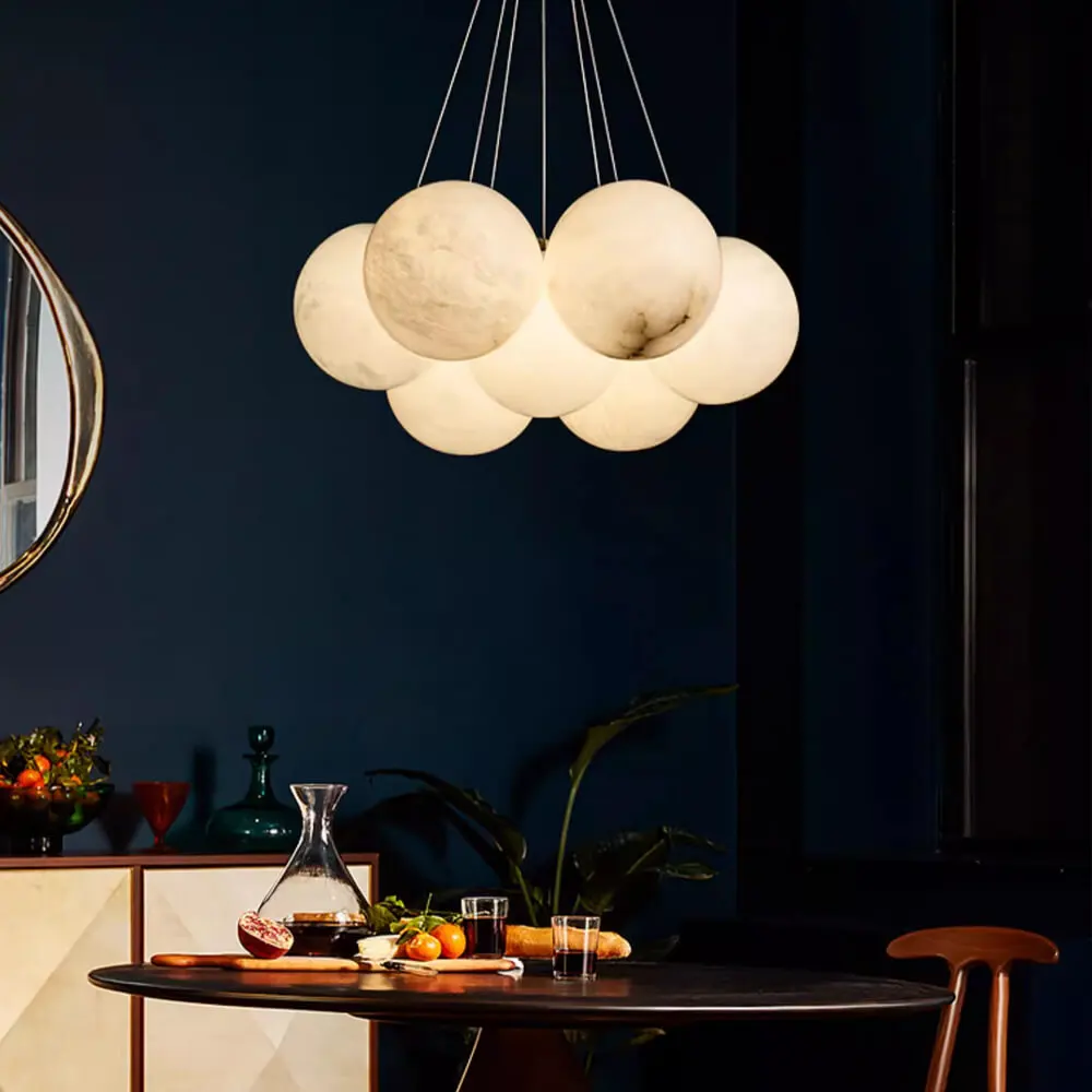 16 Inch Wide 5 Globes Mini Alabaster Ball Hanging Chandelier Nordic Dining Room Kitchen Brass Pendant Light