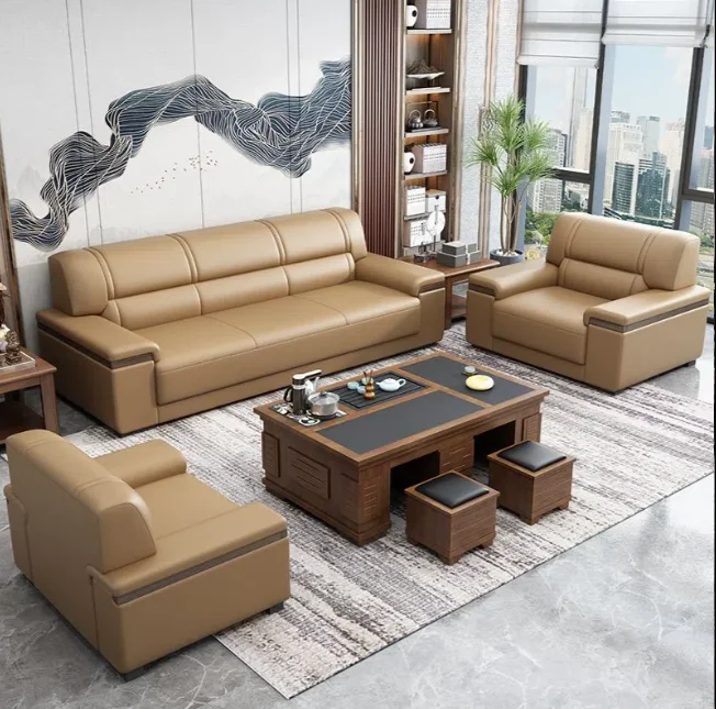 Top Fashion factory high quality LOGO custom leather reception set tea table combina Office sofa