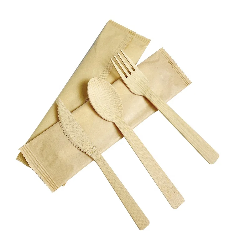High Quality Kraft Paper Wrap Disposable Spoon Fork Knife Bamboo Set Cutlery