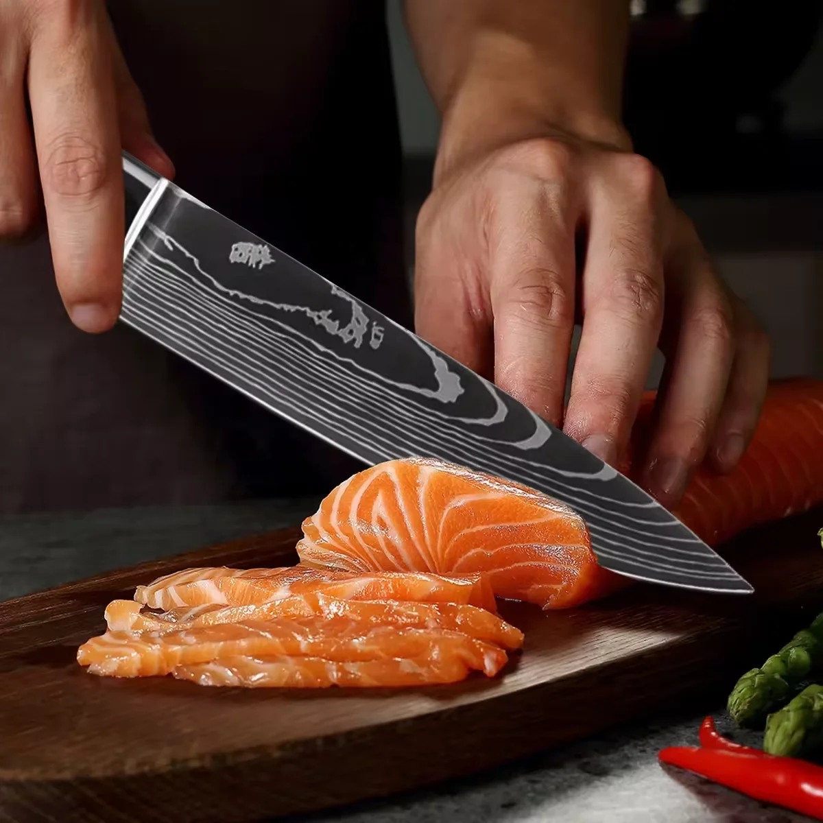 8pcs Kitchen Chef Knives Set 8 inch Japanese 4CR13 High Carbon Stainless Steel Damascus Laser Pattern Slicing Santoku Tool